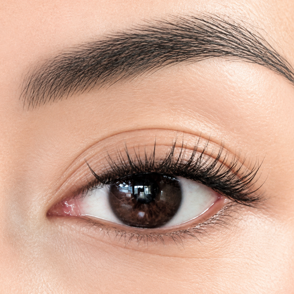 Close-up of a human eye with long, dark, curled eyelashes and a neatly shaped dark eyebrow on light skin.