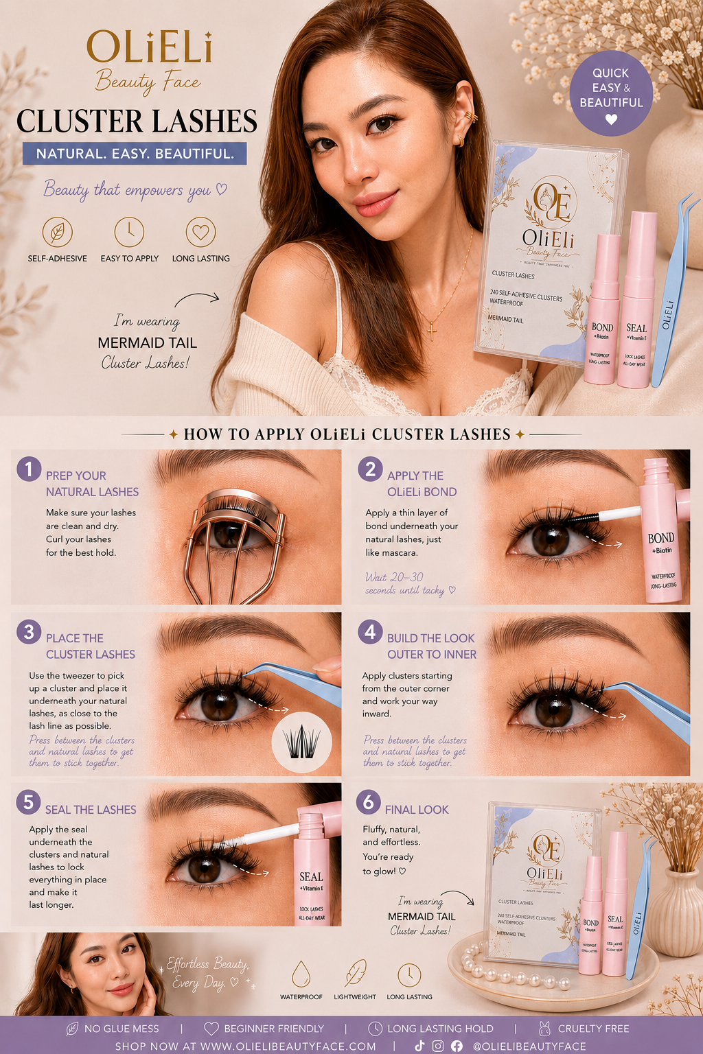 An instructional beauty poster for OlieLi Cluster Lashes, featuring a model, product packaging, step-by-step application instructions, and close-up eye examples on a white background with decorative gold accents.