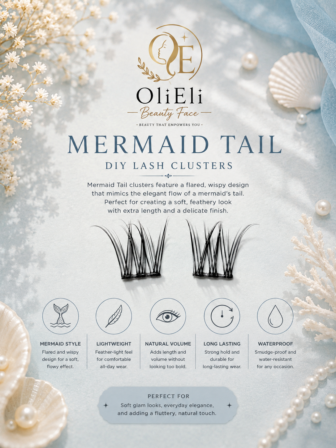 Oli Eli Beauty DIY Lash Clusters informational graphic featuring central black eyelash clusters surrounded by white pearls, dried flowers, and blue ribbons on a textured light blue background.
