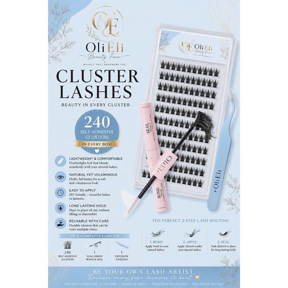 Oli Eli Beauty Face Cluster Lashes kit in a light blue box, containing 240 self-adhesive cluster lashes, a pink tweezler tool, and a lash tray, shown on a white and light blue background with product details.