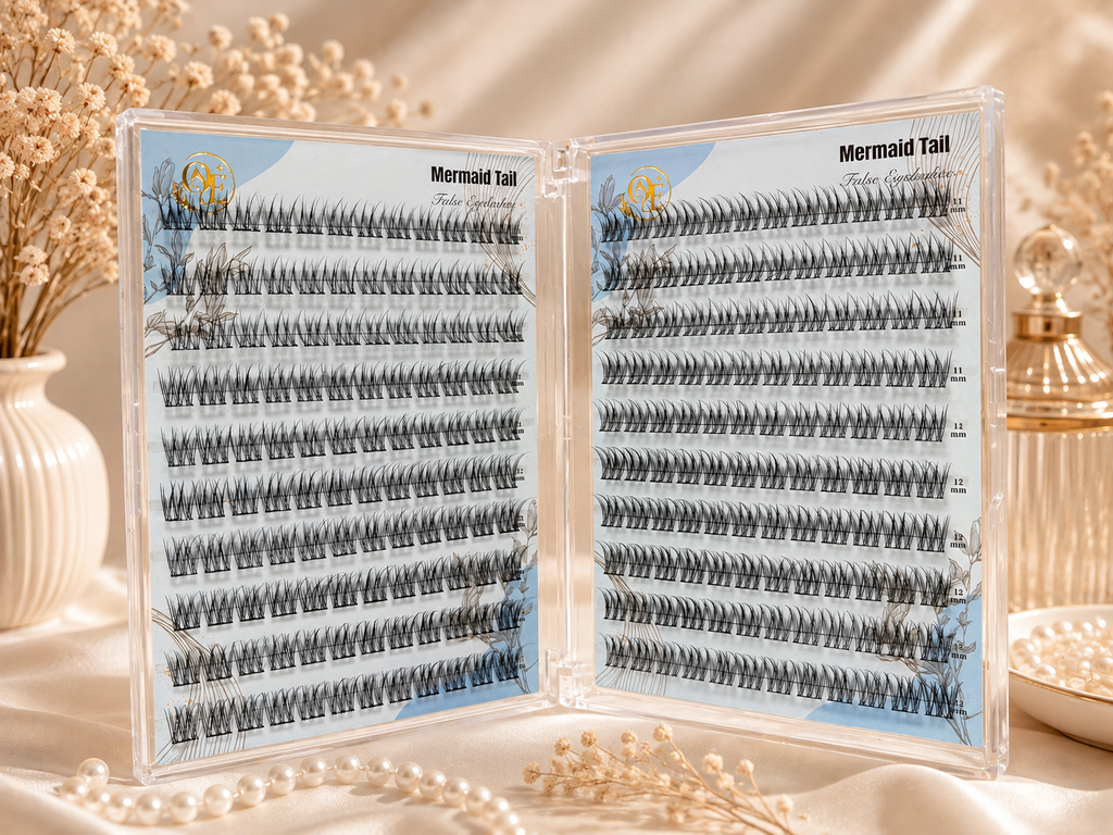 Open clear plastic case displaying two sets of false eyelash clusters labeled 'Mermaid Tail' on light blue backing cards, styled on a draped cream fabric with dried flowers and pearl beads.