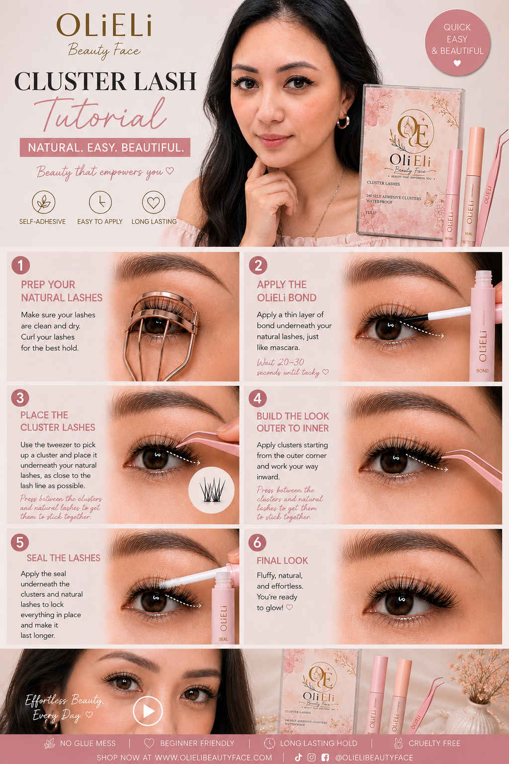 A beauty tutorial infographic for the Olieli Cluster Lash Tutorial, featuring a model with completed cluster lashes, product packaging, and nine step-by-step eye makeup application photos on a pink and white background.