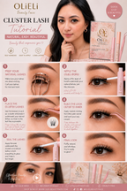 A beauty tutorial infographic for the Olieli Cluster Lash Tutorial, featuring a model with completed cluster lashes, product packaging, and nine step-by-step eye makeup application photos on a pink and white background.