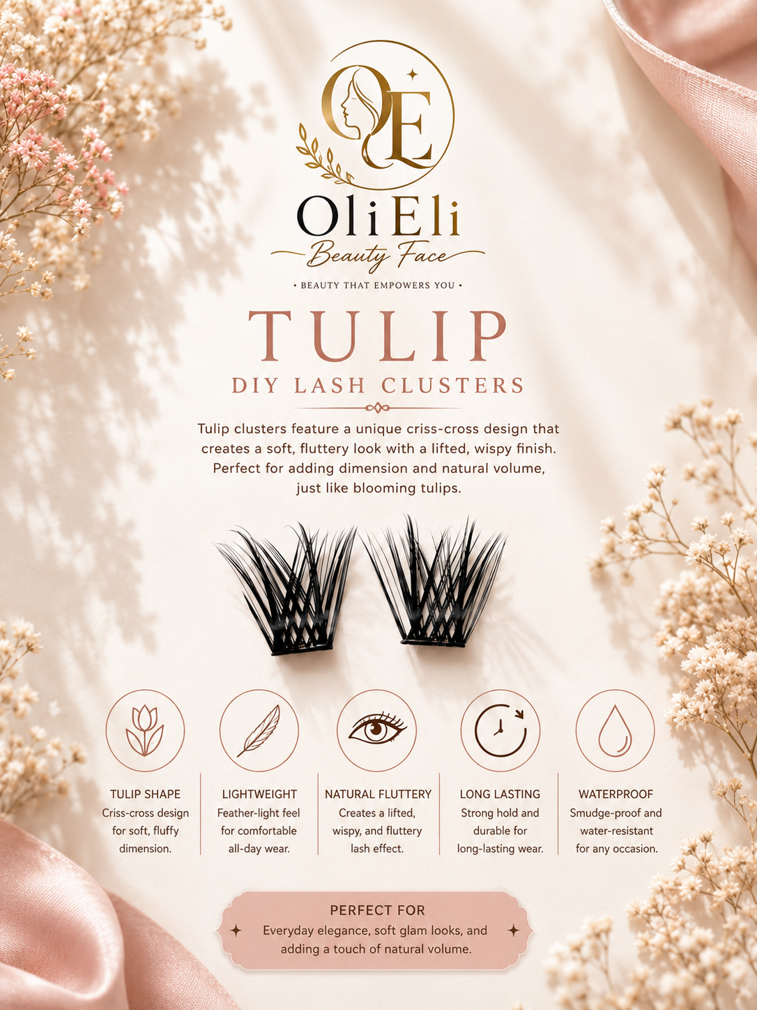 Promotional graphic for OliEli Beauty Face Tulip DIY Lash Clusters, featuring a central bundle of black lash clusters on a soft beige background with floral borders and descriptive text highlighting key features.