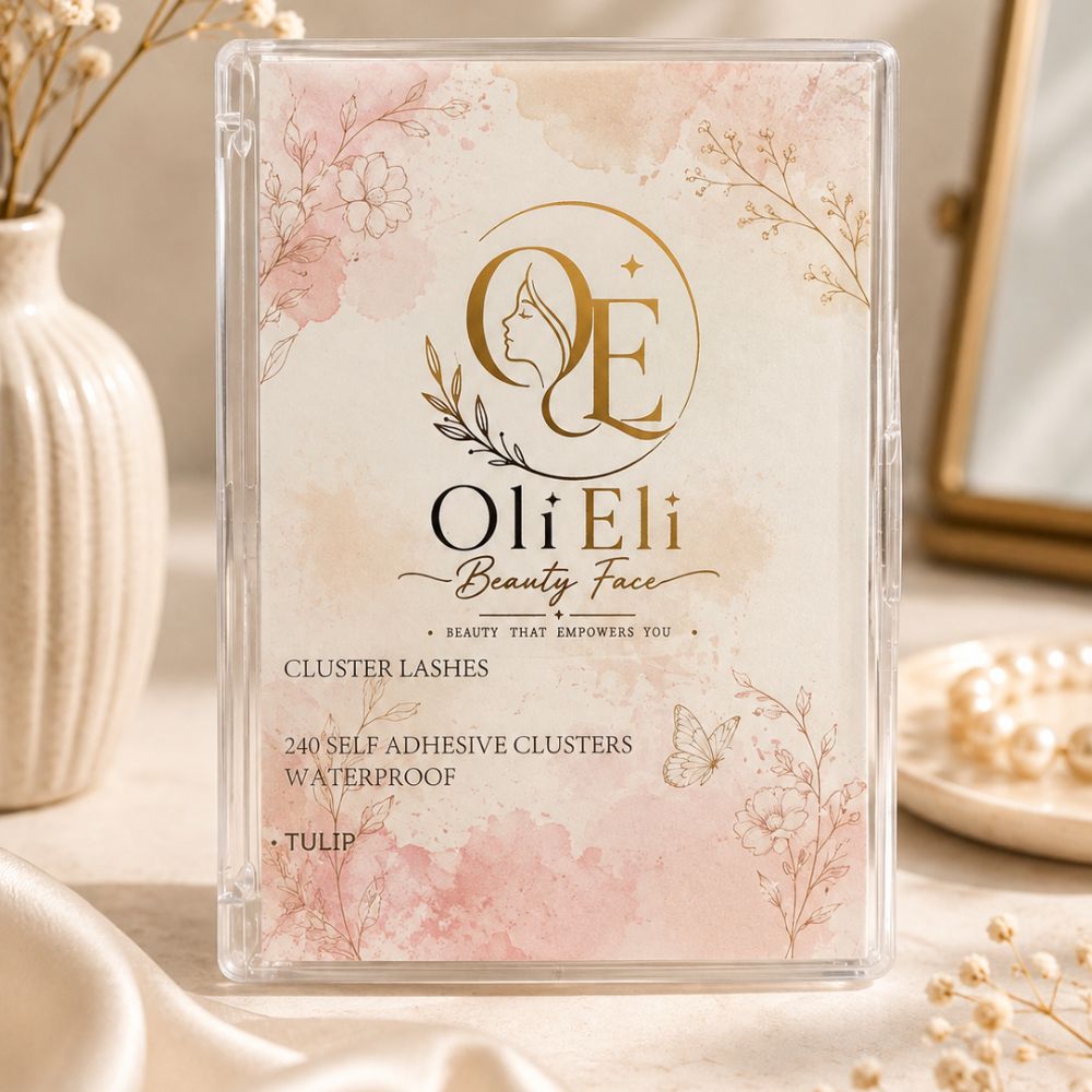 Front-facing view of the Oli Eli Beauty Tulip cluster lash palette packaging, showcasing the brand logo, product name, and a clear preview window of the wispy lash extensions.