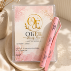 Oli Eli Beauty Face cluster lashes set in a clear plastic case, featuring a pink and white packet with gold branding and two pink lash tools placed beside it on a beige surface.