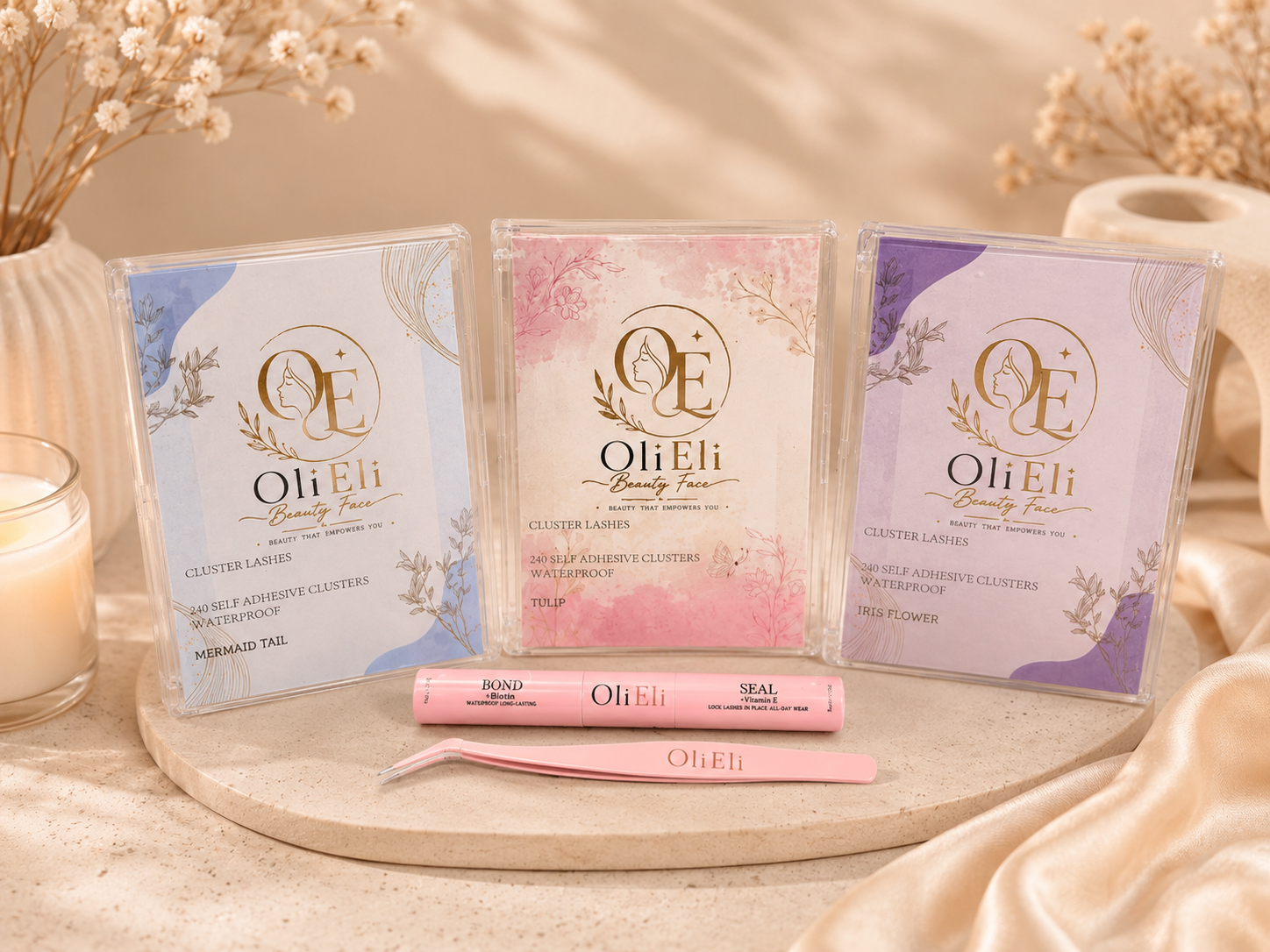 OliEli Beauty Face Complete DIY Lash Extension Starter Set | Iris Flower, Mermaid Tail & Tulip Clusters